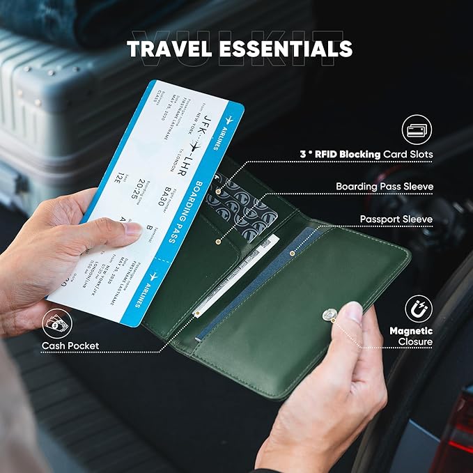 VULKIT Passport Holder For Travel With Magnetic Closure RFID Blocking Travel Wallet Passport Book Cover Boarding Pass Holder Travel Essentials