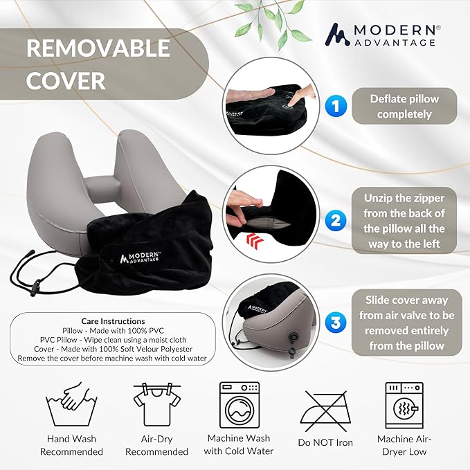 Modern Advantage Inflatable Travel Pillow for Airplanes with Comfort Hood, Adjustable Neck Support, Lightweight & Compact Flight Pillow for Sleeping on Long Flights & Travel (Black)