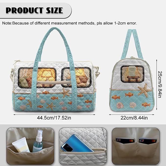 COEQINE Quilted Duffle Bags for Women Travel Cool Quilted Tote Bag Large Car Blue Camper Summer Beach Themed Weekender Bag Designer Carry On Bags