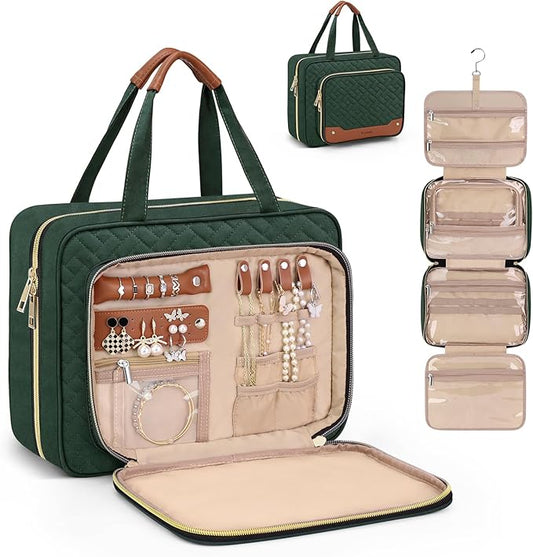 Wedama Toiletry Bag for Women, Hanging Travel Toiletry Bag with Jewelry Organizer Compartment Large Makeup Bag, PVC Waterproof Cosmetic Travel Bag Trips Camping Bathroom, Dark Green