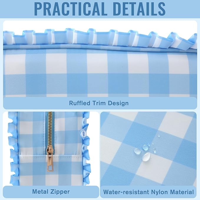 Gingham Ruffle Makeup Bag,Large Travel Cute Cosmetic Bag for Women Girls,Toiletry Bag Make up Organizer 11.8 x 4.7 x 9 inch (Blue Gingham)