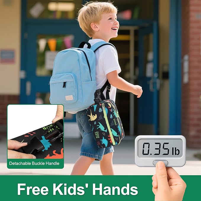 Bagseri Kids Snack Bag Boys - Small Reusable Mini Cooler Pouch, Insulated 3.9L Food Carrier with Buckle Handle for School and Daycare, Fits in Backpack, Black Dinosaur