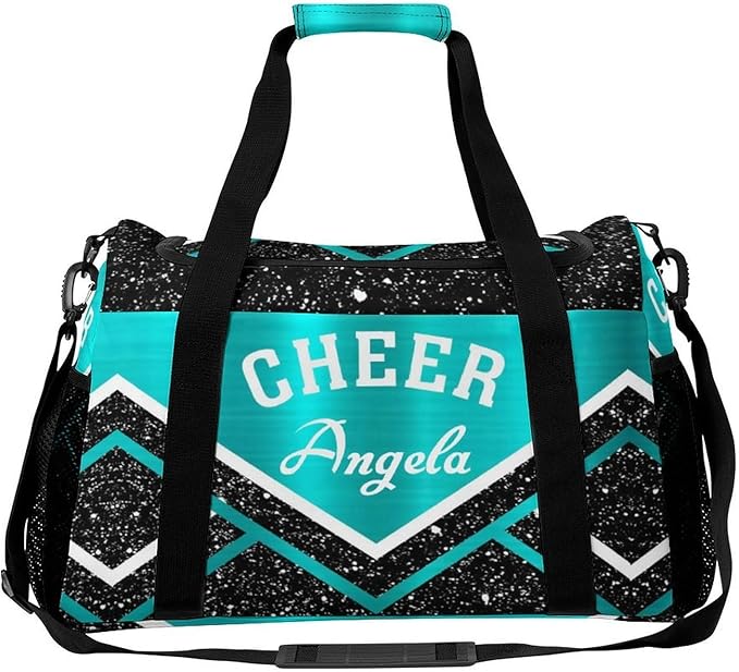 Personalized Name Sports Player Duffel Bags with Adjustable Shoulder Strap for Shoes Cheer Teal Blue Cheerleading Stripes Handheld Crossbody Travel Bag