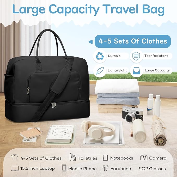 Travel Duffle Bag,Weekender Bags for Women with Shoe Compartment Personal Item Travel Bag Carry on Overnight Bags For Airplanes Gym Duffel Bag with Wet Pocket Hospital Bag for Labor and Delivery Black