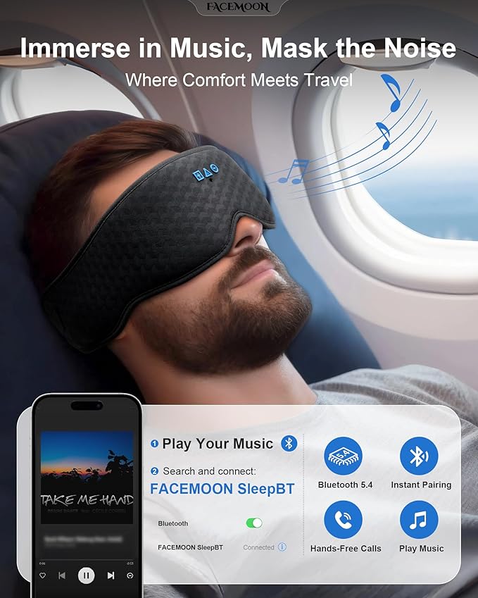 Sleep Mask with Bluetooth Headphones: 100% Blackout, 3D Zero-Pressure Eye Cups, Noise-Reducing Immersive Sound for Sleeping, Adjustable Speaker Fit, Bluetooth 5.4, Detachable Design, Travel Relaxation