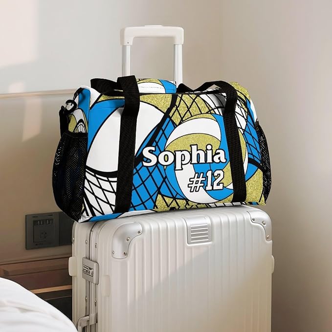 Custom Volleyball Blue Gold Duffel Bag with Name Personalized Travel Bags Sport Gym Bag Carry On Weekender Bags for Men Women