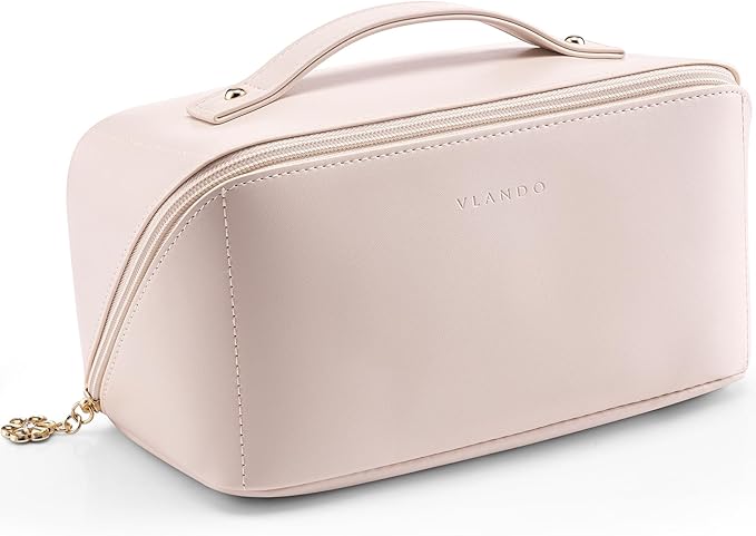 VLANDO Makeup Bag,Travel Toiletry Bag,Cosmetic Bag for Women PU Leather Portable Make up Bag for Skincare, Brushes & Travel Essentials-Apricot Pink