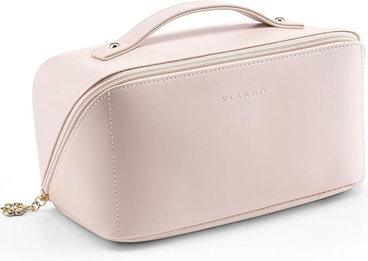 VLANDO Makeup Bag,Travel Toiletry Bag,Cosmetic Bag for Women PU Leather Portable Make up Bag for Skincare, Brushes & Travel Essentials-Apricot Pink