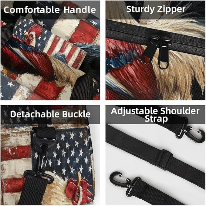 Kids Duffle Bag Girls Boys Farmhouse Rooster On American Flag Back Weekender Overnight Bag,Lightweight Duffel Bags for Traveling Gym Sport Dance