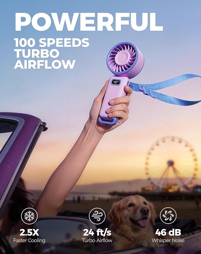 Diveblues Portable Turbo Fan, 7.4m/s High Speed Handheld Fan, 180° Foldable 4-in-1 Personal Neck Fan with Carabiner Clip, 100 Speed Stepless Control, USB-C Rechargeable for Travel, Makeup Hot Flashes