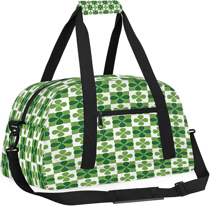 Duffle Bag for Women Men, Green Clover Plaid Pattern Gym Bag for Travel Sports, Lightweight Waterproof Weekender Overnight Bags with Adjustable Strap
