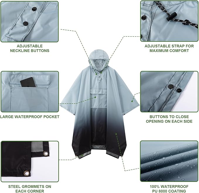Hooded Rain Poncho for Adults - Waterproof Rain Coat and Lightweight Jacket 3-in-1 Multi-Function with Pockets