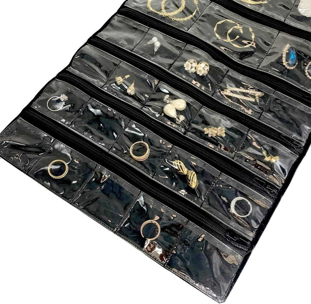 Travel Jewelry Roll Bag Portable Organizer Pouch With Grids&PVC Cover Storage Bags for Necklace, Bracelet, Bracelet,Ring, Badge, Pendant