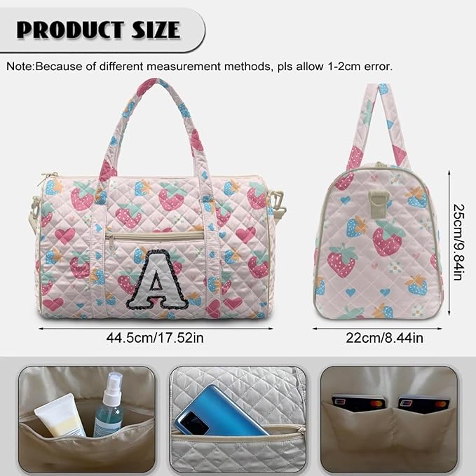COEQINE Print Quilted Travel Duffle Bag For Women Travel Pink Heart Initial Name A-Z Personal Item Travel Bag with Shoulder Strap and Trolley Sleeve Large Packable Travel Bag