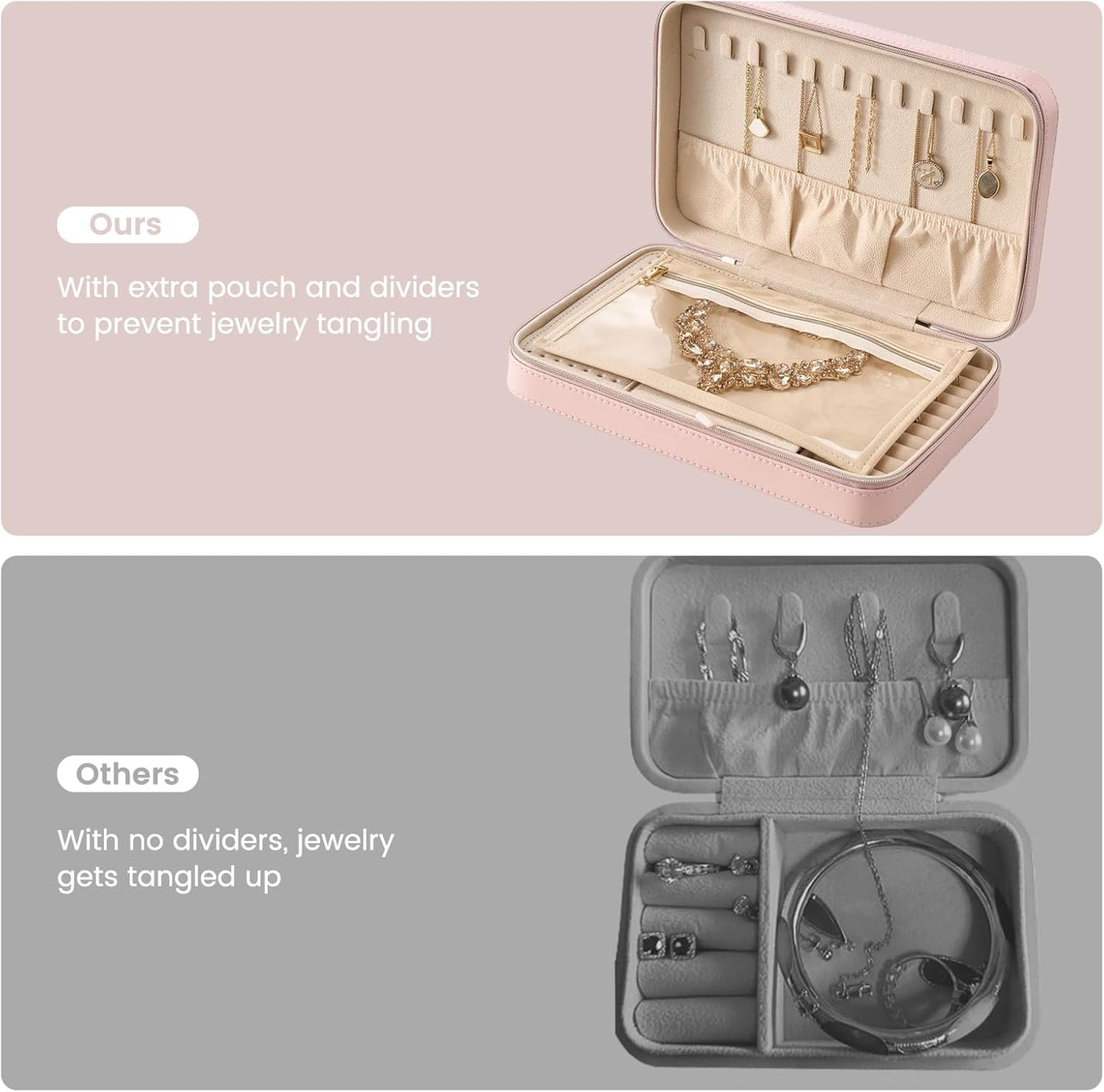 Lolalet Travel Jewelry Case for Women Girls, Travel Jewelry Organizer Box with Mirror & Clear Storage Bag, Small Portable Earring Necklace Bracelet Ring Case, Birthday Christmas Gifts -Large, Pink