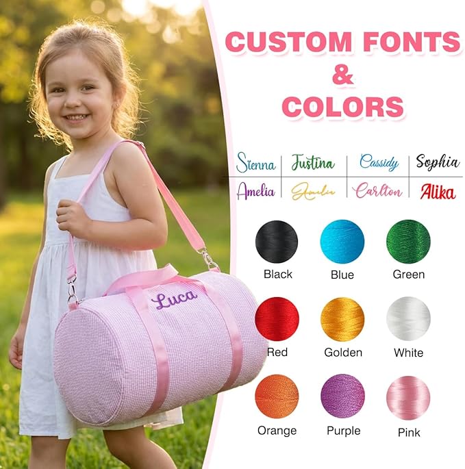 Personalized Seersucker Duffle Bag for Girls, Custom Dance Bag with Embroidered Name,Overnight Bag Ballet Gym Weekender Travel Bag