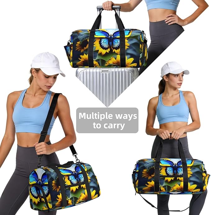 Sunflower Blue Butterfly Print Gym Bag with Shoe Compartment for Women Men, 17.7in Sports Duffle Weekender Tote, Overnight Travel Duffel Bag Carry On