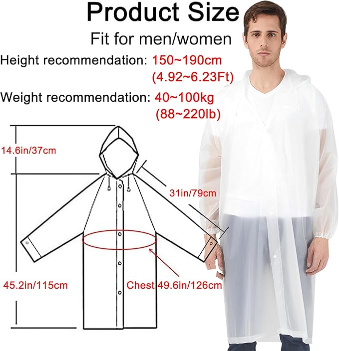 Rain Ponchos Raincoats for Adults, 2 Pcs Reusable Rain Jacket Coats with Hoods and Sleeves for Men Women (White)