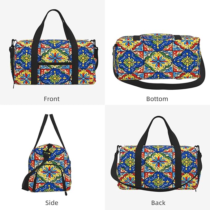 Sports Gym Bag Mexican Talavera Tiles Flower Travel Duffel Bag With Shoe Compartment Shoulder Strap, Lightweight Water-Resistant Weekend Overnight Totes For Women Men