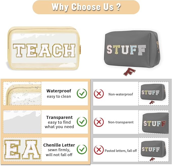 Teacher Appreciation Gifts Chenille Letter Clear Makeup Bag TEACH Pouch, Preppy Patch Makeup Bag with Zipper Graduation Retirement Birthday Cosmetic Bag Teacher Gifts Supplies for Women(TEACH-Beige)