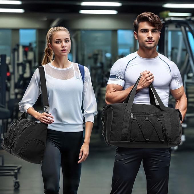 Lightweight Gym Bag for Men & Women, Water Resistant Sports Duffel Bag with Shoe Compartment & Wet Pocket for Travel Weekender & Fitness, Black