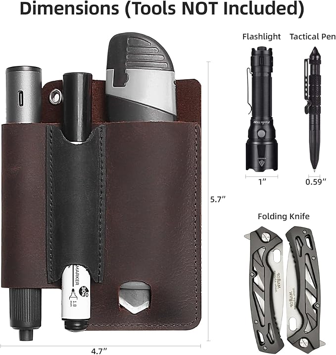 Leather Tool Belt Pouches Tool Holster EDC Pouch with Belt Clip, Multitool Sheath Pocket Organizer Includes Metal Clip, Fits Flashlight, Pen