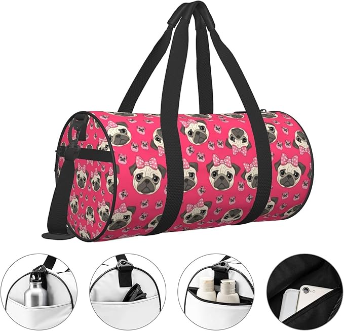 Womens Gym Tote Duffle Bag Cartoon Pug Dog Pink, Sports Overnight Weekender Workout Carry on Bag Ideal for Travel, Swimming, Dance