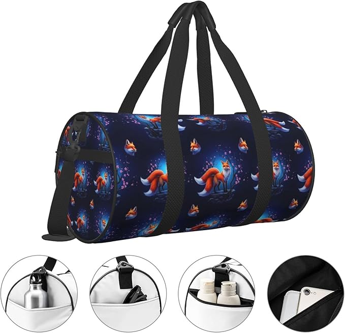 Men Women Gym Duffel Sports Bag Anime Fox, Small with Zipper Pocket for Sport, Travel, Fitness & Workout