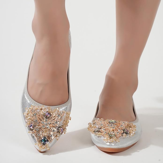 Womens Ballet Flats Foldable Rhinestone Pointed Toe Comfortable Slip on Wedding Flat Shoes Dress Flats for Women