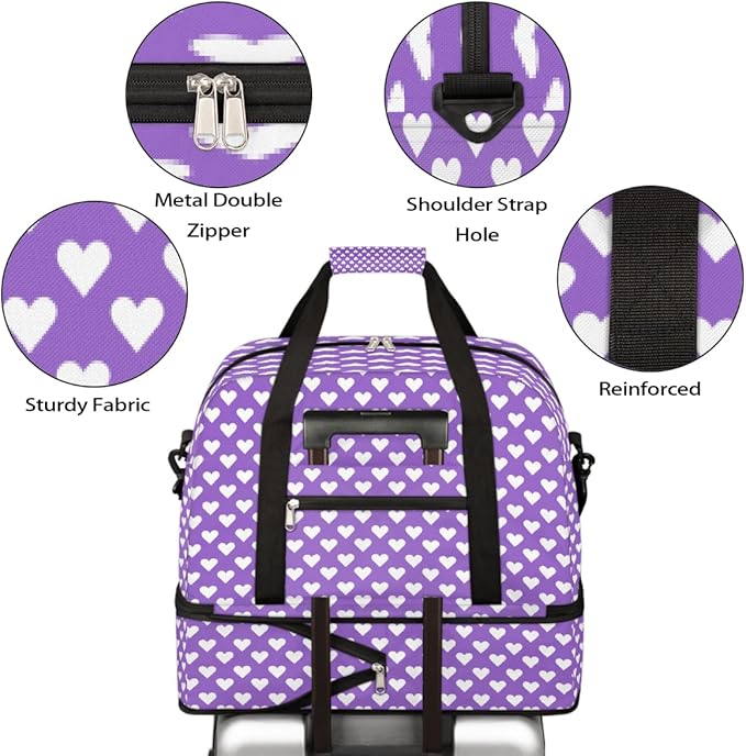 Purple White Love Heart Large Weekender Bag with Shoe Compartment Travel Duffel Bags for Women Carry On Hospital Overnight Bag Foldable Personal Item Travel Bags Tote Gym Sports Airplanes
