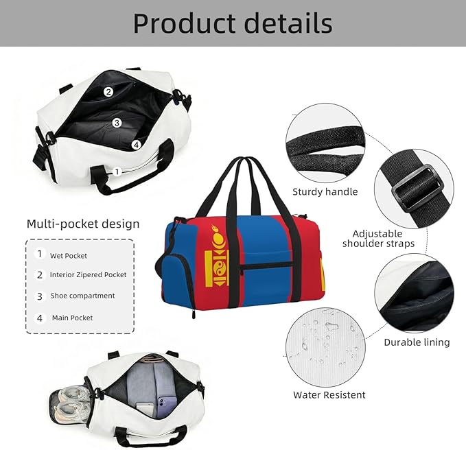 Mongolian flag Print Gym Bag with Shoe Compartment for Women Men, 17.7in Sports Duffle Weekender Tote, Overnight Travel Duffel Bag Carry On
