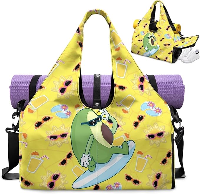 Cute Avocado Print Sports Bag with Shoe Compartment, Lightweight Yellow Duffel Bag with Yoga Holder Pockets Fitness Workout Multi-Functional Black Gym Bag with Wet Pockets