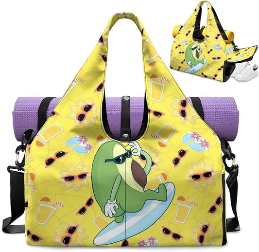 Cute Avocado Print Sports Bag with Shoe Compartment, Lightweight Yellow Duffel Bag with Yoga Holder Pockets Fitness Workout Multi-Functional Black Gym Bag with Wet Pockets