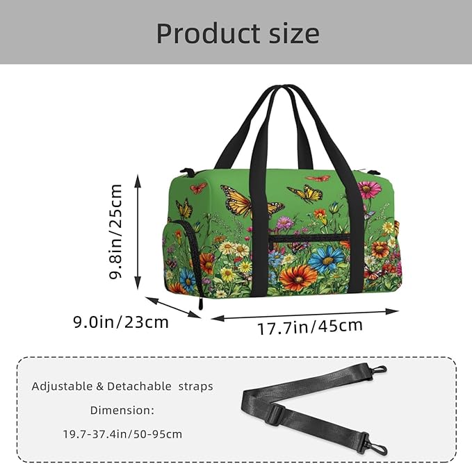 Sports Gym Bag Spring Wildflowers Butterfly Travel Duffel Bag With Shoe Compartment Shoulder Strap, Lightweight Water-Resistant Weekend Overnight Totes For Women Men