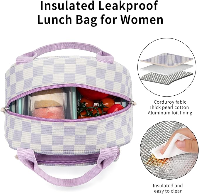 Lunch Bag Women Lunch Box for Women Adult Cute Insulated Lunch Bag Small Cooler Lunch Tote Bags for Work Picnic School (Beige-Purple Plaid)
