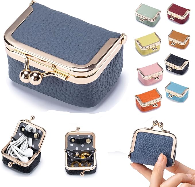 Genuine Leather Mini Jewelry Box & Coin Purse for Women, Travel Jewelry Case with Kiss Lock, Holds Earrings, Rings, Necklace, Bracelet, Coins (Blue)