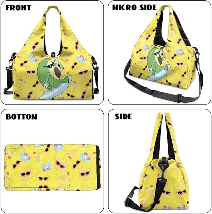Cute Avocado Print Sports Bag with Shoe Compartment, Lightweight Yellow Duffel Bag with Yoga Holder Pockets Fitness Workout Multi-Functional Black Gym Bag with Wet Pockets