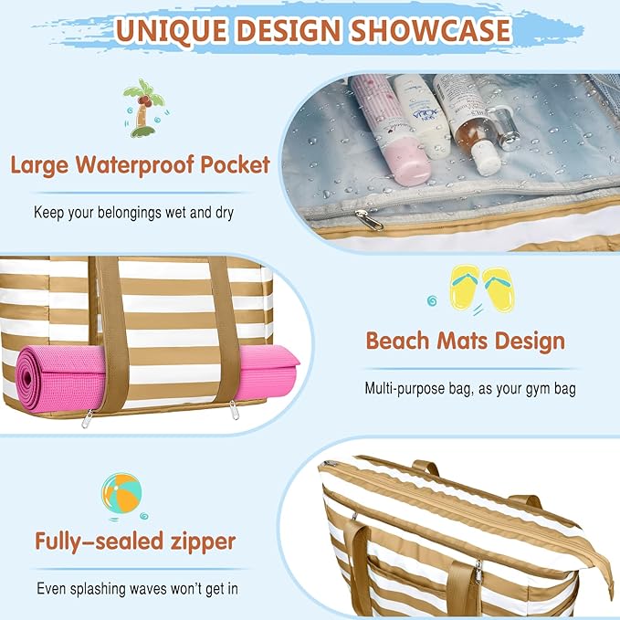 Extra Large Beach Bags for Women, Waterproof Sandproof Beach Tote Bag Foldable Swim Pool Bag with Zipper and Wet Pocket