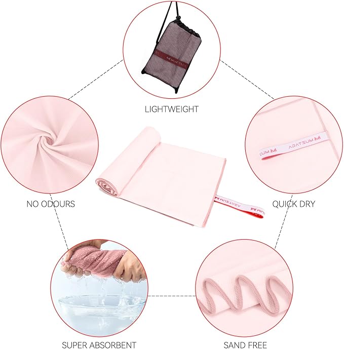 Microfiber Towel Large for Beach, Travel, Swimming, Bath, Pool–Quick Dry, Ultra Compact, Sand Free, Lightweight & Super Absorbent(Light Pink,60x30 in)
