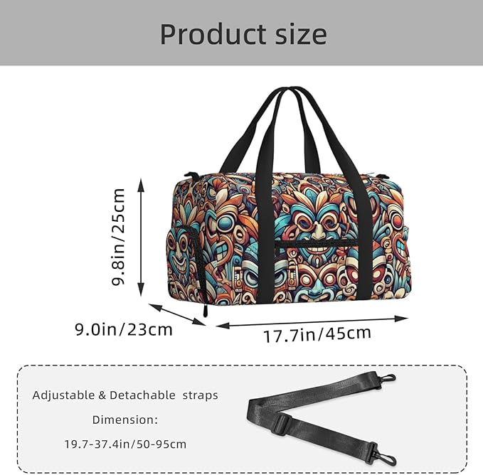 Tiki Masks Print Gym Bag with Shoe Compartment for Women Men, 17.7in Sports Duffle Weekender Tote, Overnight Travel Duffel Bag Carry On