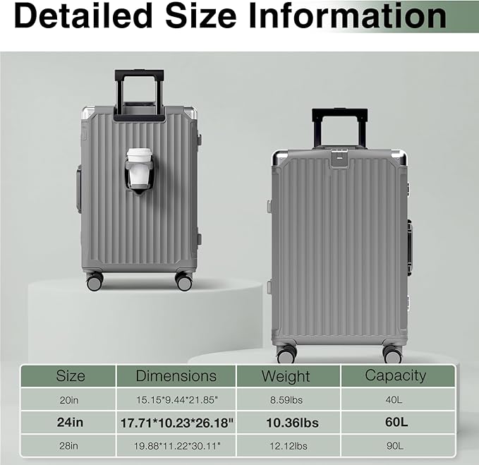 Krute Zipperless Luggage with Spinner Wheels Checked Aluminum Frame Luggage PC Hard Shell Suitcase with Charger and Cup Holder TSA Lock No Zipper 24 Inch Suitcases