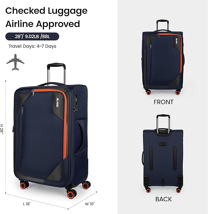 28 inch Luggage with Spinner Wheels,Large Softside Expandable 20% Checked Luggage w/TSA LOCK,Lightweight Durable Rolling Luggage for Men/Women（Navy,28in）