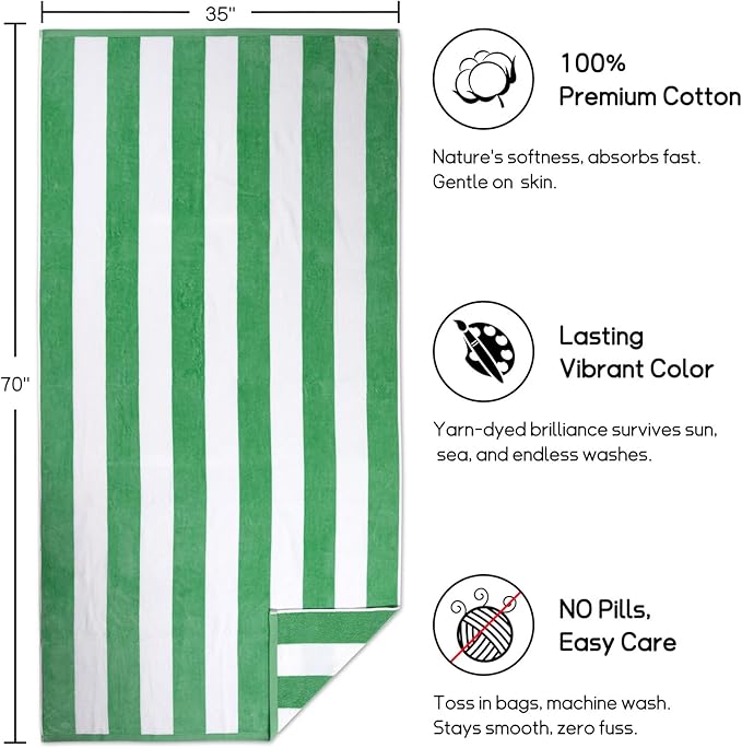 cabanana Large Oversized Beach Towel - 35 x 70 Inch Cotton Pool Towel, Green Striped Soft Cabana Swim Towel