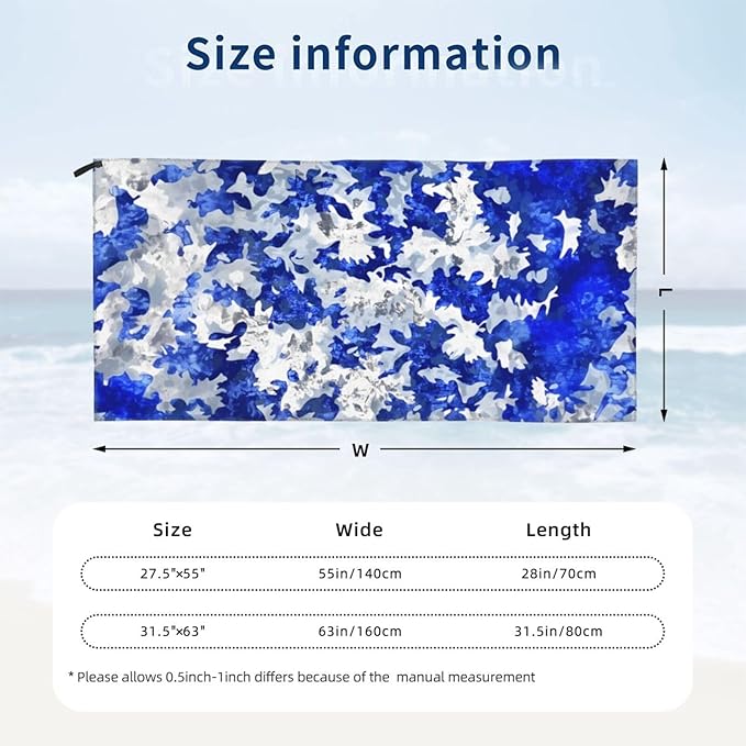 Blue And White Camouflage Sand Free Beach Towel – 31.5"X63" Quick Dry Microfiber Beach Towels For Travel, Swimming, Pool, And Camping, Absorbent And Compact Beach Essential For Women, And Men