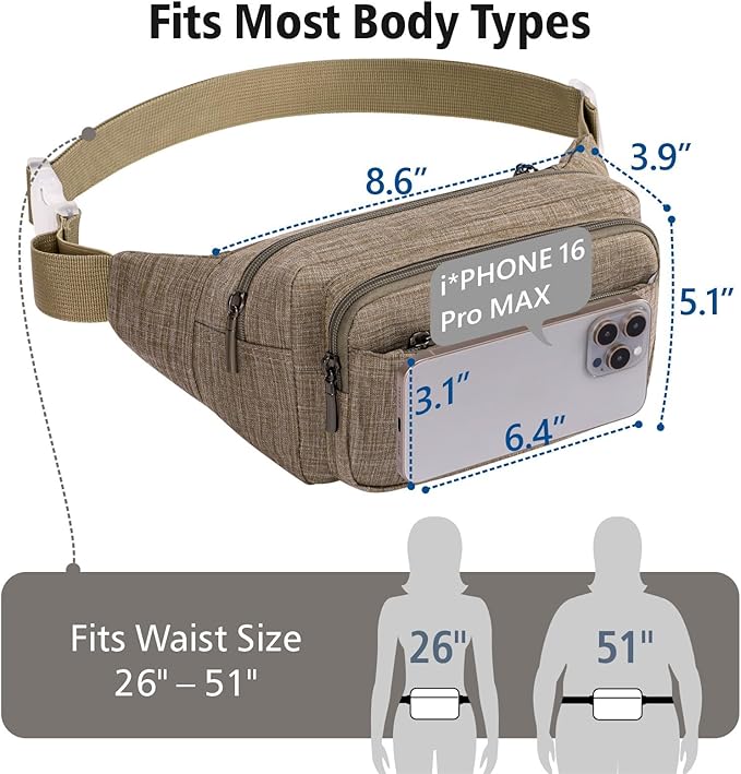Packism Fanny Packs for Women Men - 6 Pockets Large Crossbody Waist Bag with Adjustable Strap Belt Bag for Travel Running Hiking