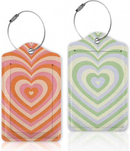 Retro Heart 70s 80s Luggage Tags Bag Tag with Privacy Cover Name Id Card Stainless Steel Loop Suitcase Labels Pu Leather Baggage Tags for Travel,2 Pcs