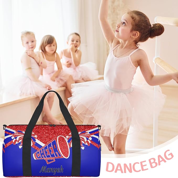 Custom Named Cheer Dance Ballet Bag, Cheerleading Gym Sports Travel Duffle Bag Men Tote Carry On Weekend Sports Travel, Red Glitters Royal Blue