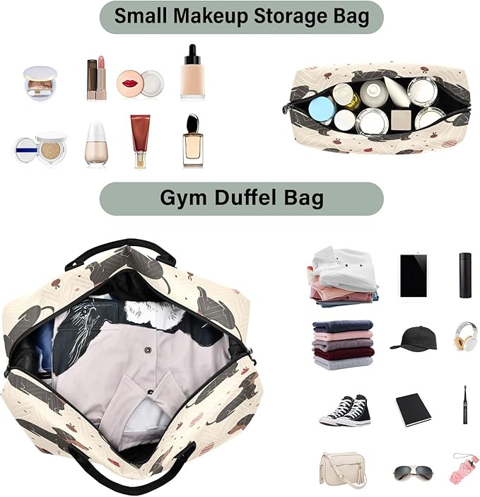 Travel Duffle Bag, Black Dachshund Gym Bag with Storage Bag Weekender Overnight Bag for Men Women Trip Sports Yoga