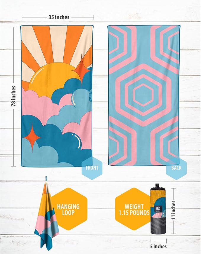 VENTURE 4TH Microfiber Beach Towel: Quick-Dry, Compact, Sand-Free, Absorbent, Sandproof and Lightweight - Perfect for Camping, Beach, and Roadtrips (Sky's The Limit Design | 35x78 inches)