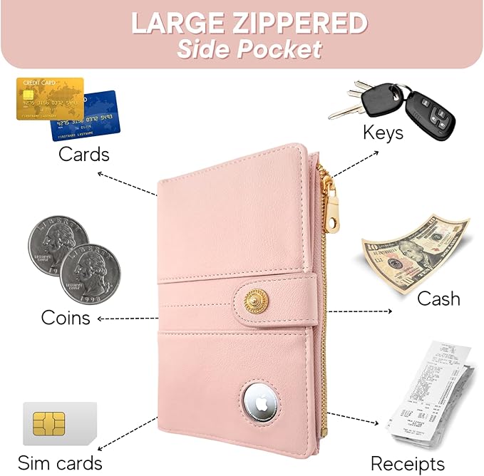 elzama Passport Holder with Airtag Slot for Travel Women, RFID Passport Wallet with Airtag Holder, Zipper Pocket Card Slots Pen Holder & Airtags Keychain (Air tag Not Included) Pink